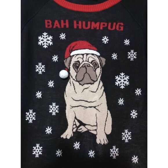 Pug Christmas Sweater Ladies Medium‎ Snow Bah Hum Bug Well Worn Light Weight - Picture 3 of 6